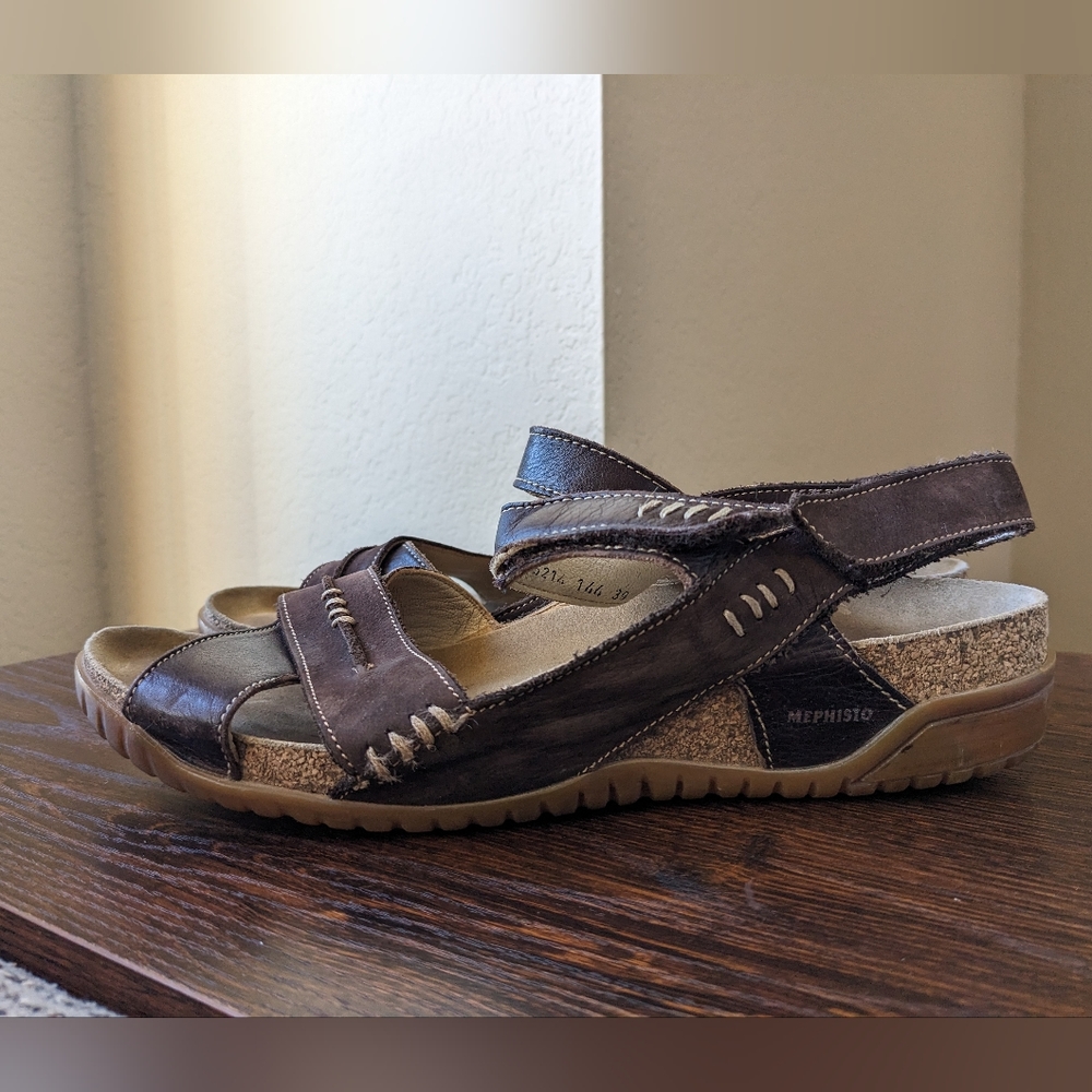 Mephisto Brown Leather Nubuck Suede Criss Cross Ankle Strap Sandals